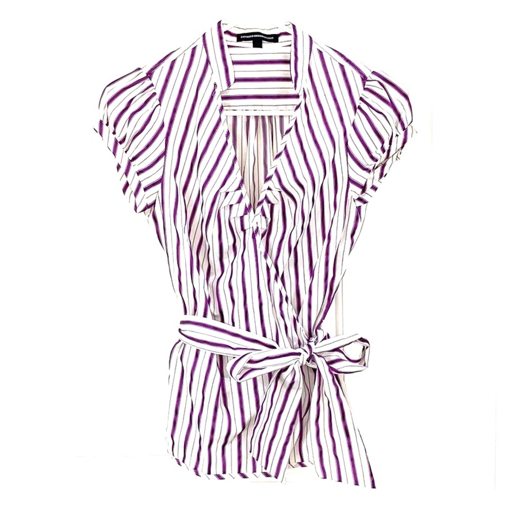 white and purple striped top that ties on the side